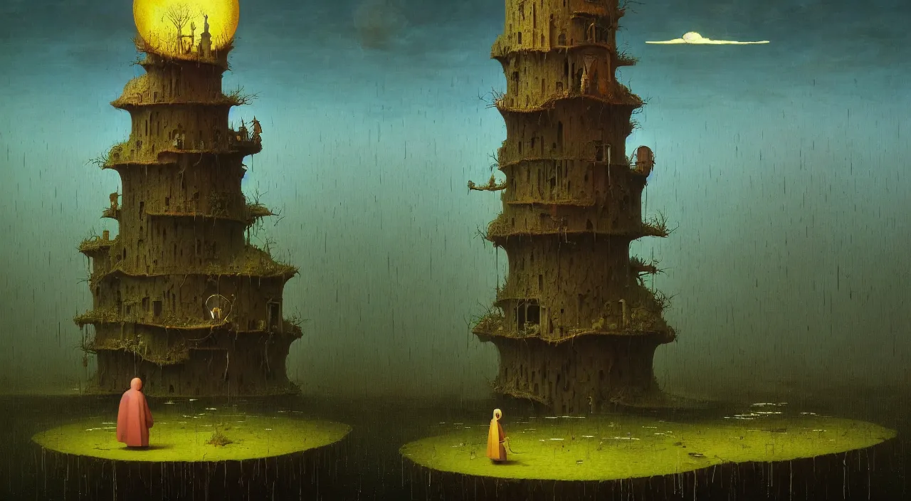 Image similar to single flooded simple!! fungus tower, very coherent and colorful high contrast ultradetailed photorealistic masterpiece by franz sedlacek hieronymus bosch dean ellis simon stalenhag rene magritte gediminas pranckevicius, dark shadows, sunny day, hard lighting