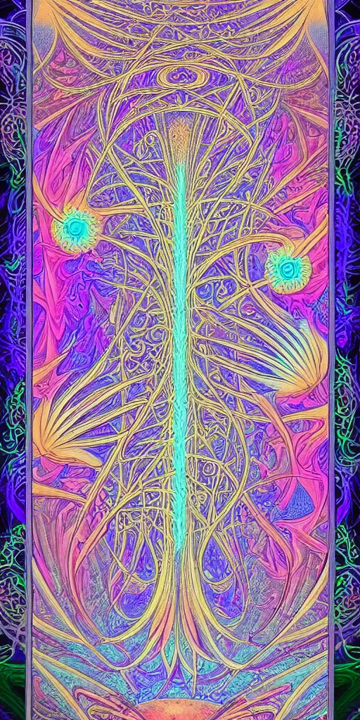 Image similar to a beautiful colorful vaporwave fractal tarot card featuring bold occult imagery with clean lines. haeckel. detailed adult coloring book