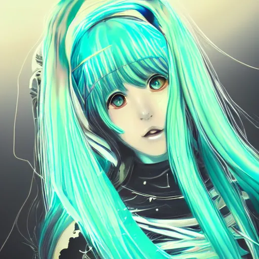 Image similar to portrait a hatsune miku, light effect, anime style hyper detailed, illustration, bloody, intricate, elegant, digital painting, artstation, smooth, sharp focus, art by leonardo da vinci.