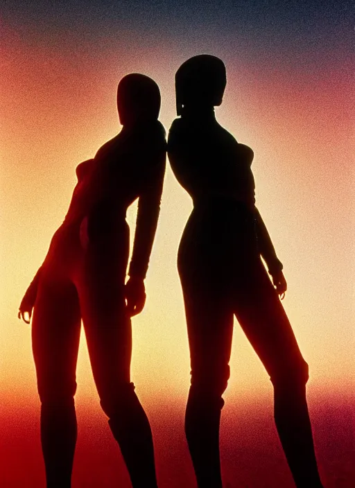 Image similar to cinestill 5 0 d photographic portrait of two loving female androids wearing rugged black cutout waist techwear on a desolate plain with a red sky, extreme closeup, modern cyberpunk, dust storm, 8 k, hd, high resolution, 3 5 mm, f / 3 2, ultra realistic faces, ex machina, blade runner