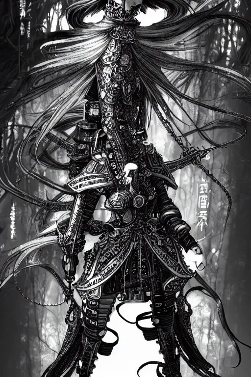 Image similar to a vertical portrait of a character in a scenic environment by Yoshitaka Amano and Nihei Tsutomu, black and white, dreamy, steampunk armor, highly detailed