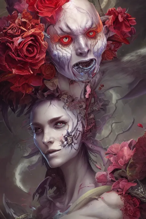 Image similar to demon face closeup of girl necromancer full of scars and flowers, wizard of the coast casting magic spell, angel, magic storm and thunder clouds, fantasy, magic the gathering, hyper detailed, 3 d render, hyper realistic detailed portrait, peter mohrbacher