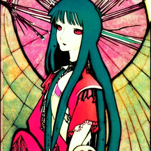 Image similar to Hatsune miku by Harry Clarke, anime style