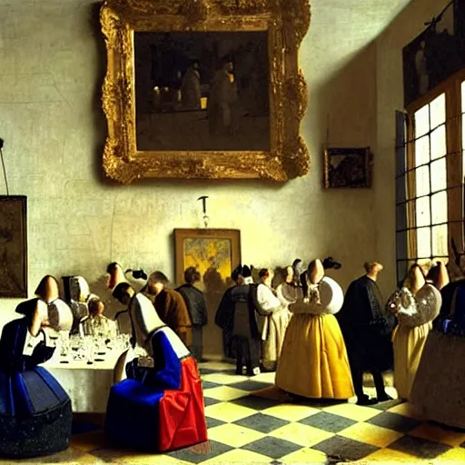 Prompt: a large wedding reception, lots of people, illustrated by johannes vermeer