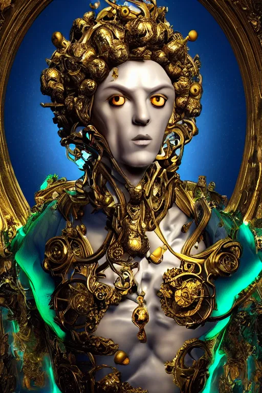 Prompt: full-body baroque and space age style sculpture of a young handsome Spanish android prince with a chest exposing a large glowing blue diamond, glowing yellow laser eyes, crown of white gears and diamonds, swirling green-colored silk fabric, baroque elements. full-length view. intricate artwork by caravaggio. Trending on artstation, octane render, cinematic lighting from the right, hyper realism, octane render, 8k, depth of field, 3D