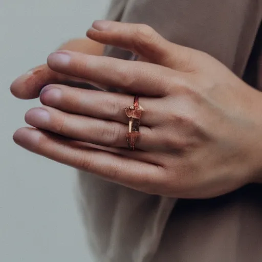 Prompt: a normal female hand with a five-finger ring and a joint between the middle and index fingers