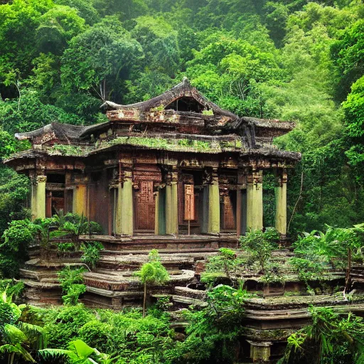 Prompt: a beautiful image of a temple in ruins in the middle of a jungle - i