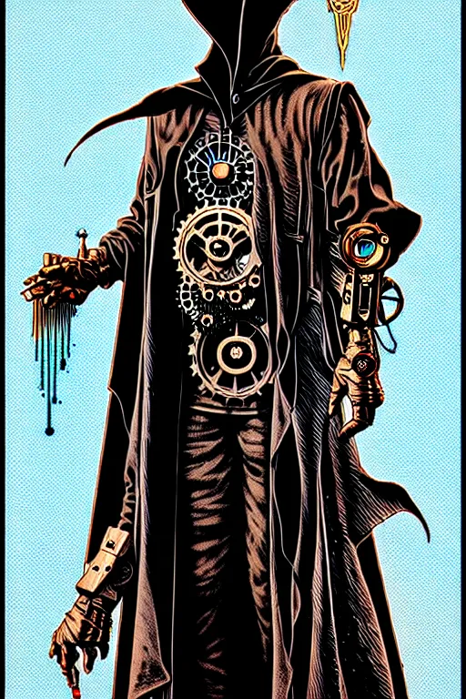 Prompt: cloaked steampunk wizard, high details, intricately detailed, by vincent di fate, inking, 3 color screen print, masterpiece, trending on artstation,, sharp, details, hyper - detailed, hd, 4 k, 8 k