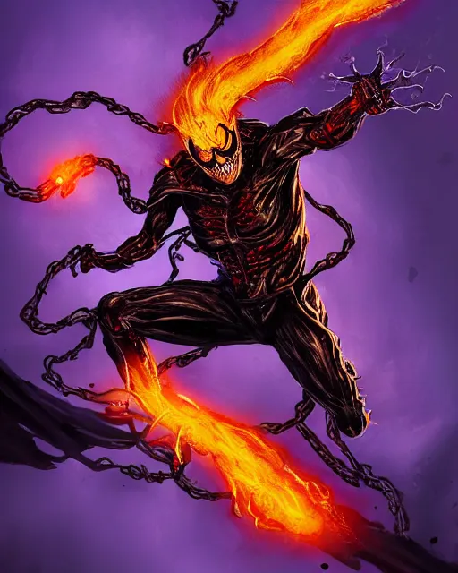 Image similar to ghost rider symbiote, purple and red variant, dynamic lighting, fantasy concept art, trending on art station, stunning visuals, creative, cinematic, ultra detailed, comic strip style