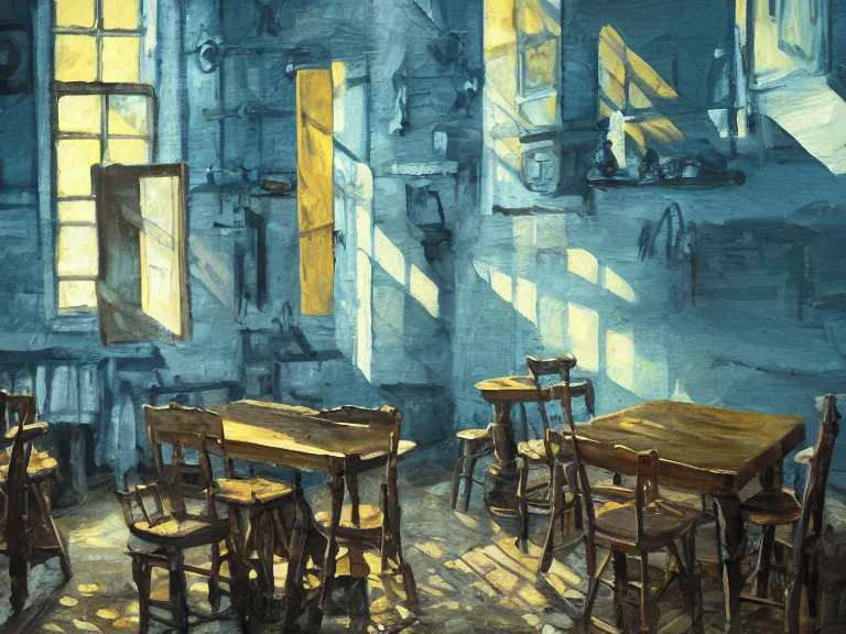 Image similar to expressive rustic oil painting, interior view of an weary old tavern, tables and chairs, bottles of liquor, accents of blue light, light bloom, dust, ambient occlusion, morning, rays of light coming through windows, dim lighting, brush strokes oil painting