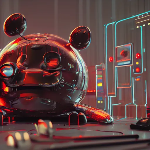 Prompt: a cybertronic mickey mouse being dissected by a group of network executives, on an operating table, octane render, beeple, cgstation, 3 d render, very detailed, mindblowing, blood and guts, gritty, cyberpunk