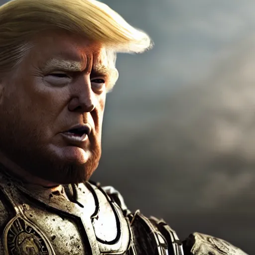 Prompt: Photo portrait of Donald Trump as King Leonidas in Gears of War, splash art, movie still, detailed face, photorealistic facial features, cinematic lighting, dramatic, octane render, long lens, shallow depth of field, bokeh, anamorphic lens flare, 8k, hyper detailed, 35mm film grain