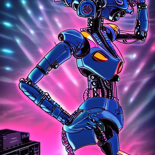 Prompt: 80s sci-fi retro anime, black and blue pink, mechanic black cat, robots, dieselpunk, intricate details, bionic, neon Genesis evangelion, weird, pearls, nuclear explosion, highly detailed, digital art, 8k