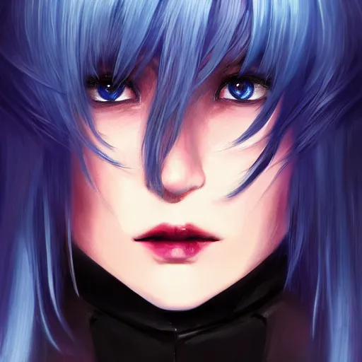 Prompt: full face shot of rimuru tempest, sky blue straight hair, long bangs, with amber eyes, wearing a fancy black jacket, high collar, beautiful, ultra detailed, brush strokes, digital painting, cinematic, wlop artstation, closeup, pixiv, intense, intimidating glare, photorealistic, overpowering, rossdraws, andy warhol,