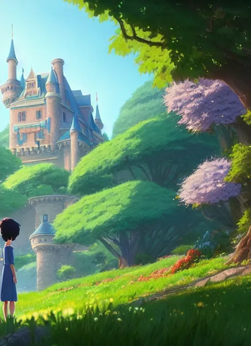 Image similar to a wholesome animation key shot, castle in the background, foliage in the foreground, studio ghibli, pixar and disney animation, sharp, rendered in unreal engine 5, anime key art by greg rutkowski, bloom, dramatic lighting