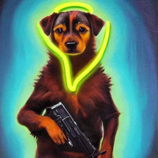 Image similar to a puppy with UV neon fur holding a gun.Painting by James Gurney