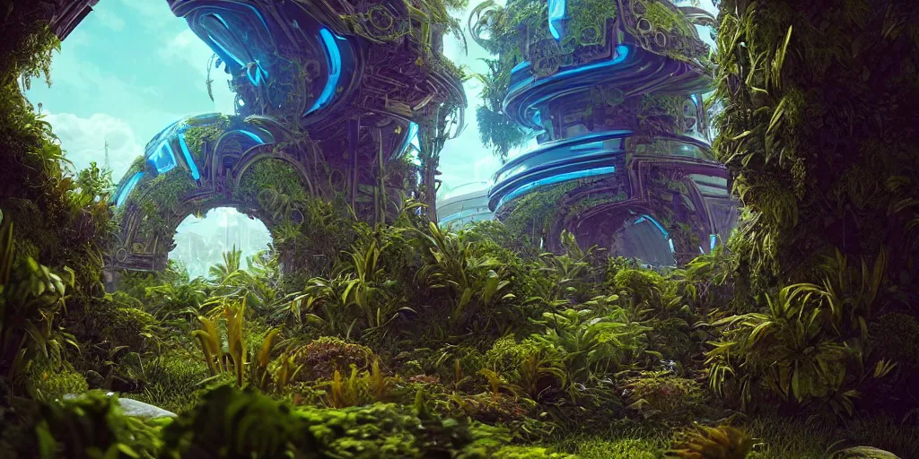 Image similar to 80s futuristic hyperdimensional portal, desolate, lush vegetation:: by beeple and James Gilleard and Justin Gerard :: ornate, dynamic, particulate, intricate, elegant, highly detailed, centered, artstation, smooth, sharp focus, octane render, 3d