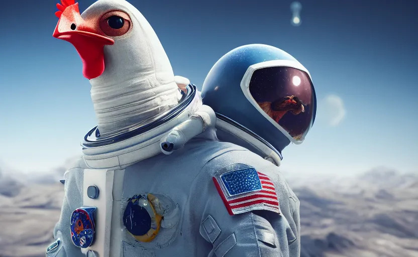 Image similar to a chicken wearing a astronaut suit in a alien planet, profile picture, digital art, concept art, trending on DeviantArt, highly detailed, high quality, 4K, cartoon, high coherence, path traced, blue sky in the background, octane render, digital painting