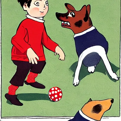 Image similar to book illustration of a french boy on the streets of paris playing football against a corgi, the dog is wearing a polka dot scarf, 1 9 6 6