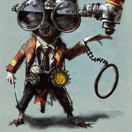 Image similar to a rat with steampunk googles, by John Berkey