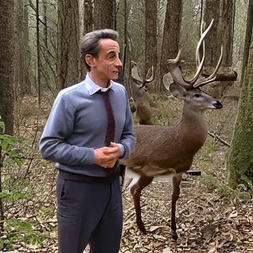 Prompt: trail cam footage of Nicolas Sarkozy on a deer, low quality video