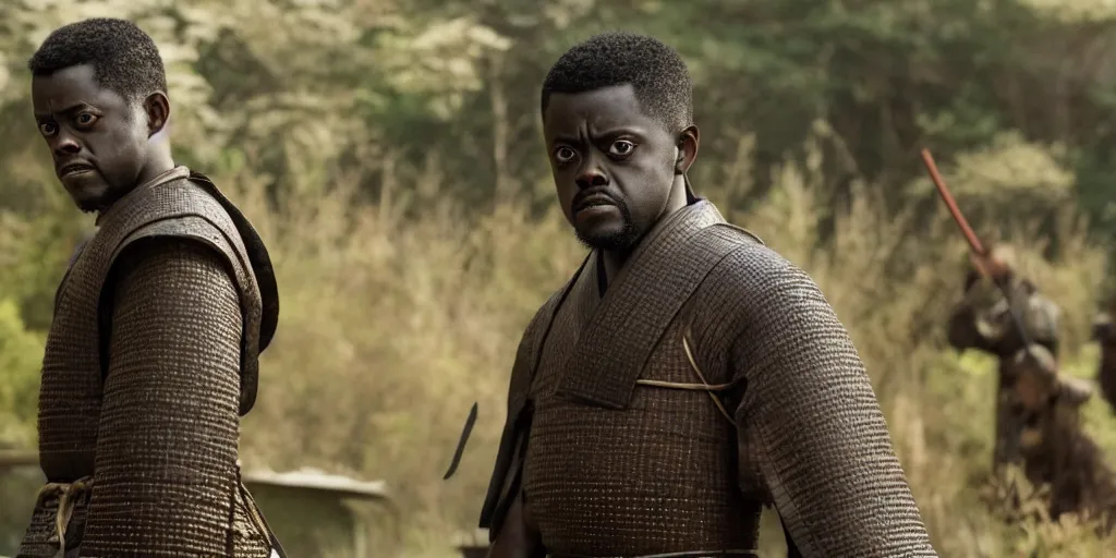 Image similar to a film still of daniel kaluuya starring as a japanese samurai in a japanese blockbuster film, shallow depth of field, cinematic, award winning cgi, vfx, film still