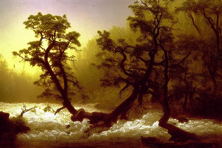 Prompt: oil painting of a detailed old tree next to a raging river by albert bierstadt