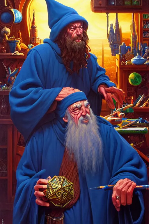 Prompt: classic oil painting, a wizard in blue robes, as a dnd character, inside a cluttered art studio, highly detailed, digital illustration, concept art, smooth, sharp focus, art by tim hildebrandt, and greg hildebrandt
