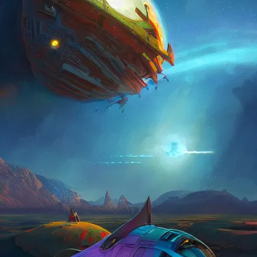 Image similar to beautiful starship in no man's sky colorful, fantasy, intricate, highly detailed, digital painting, hq, trending on artstation, illustration, style of stanley artgerm and greg rutkowski and dan mumford