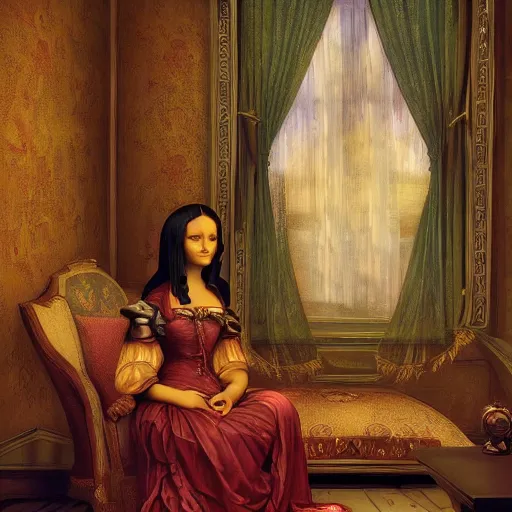 Image similar to Monalisa is sitting on her living room couch. She is dressed casually and is watching TV, Regal, Realistic, Refined, Detailed Digital Art, Josephine wall, Oil Painting, William-Adolphe Bouguereau, Art Frahm, Esao Andrews, Steampunk, Walt Disney (1937), Highly Detailed, Cinematic Lighting, Unreal Engine, 8k, HD