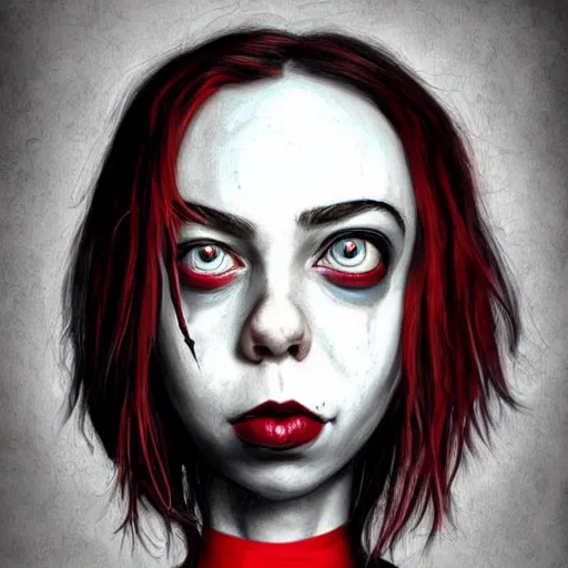 Prompt: surrealism grunge cartoon portrait sketch of billie eilish with a wide smile and a red balloon by - michael karcz, loony toons style, pennywise style, horror style, detailed, elegant, intricate