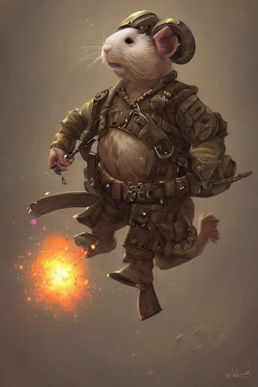 Image similar to cute little anthropomorphic Guinea Pig Paratrooper parachuting, tiny, small, short, Army ranger outfit, cute and adorable, pretty, beautiful, DnD character art portrait, matte fantasy painting, DeviantArt Artstation, by Jason Felix by Steve Argyle by Tyler Jacobson by Peter Mohrbacher, cinematic lighting