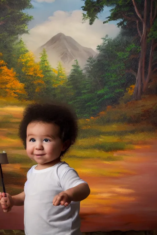 Image similar to a baby version of bob ross, in front of a finger painted mural on a wall, dramatic lighting, cinematic, establishing shot, extremely high detail, foto realistic, cinematic lighting, post processed, concept art, high details, cinematic, 8k resolution, beautiful detailed, photorealistic, digital painting, artstation, concept art, smooth, sharp focus, artstation trending, octane render, unreal engine