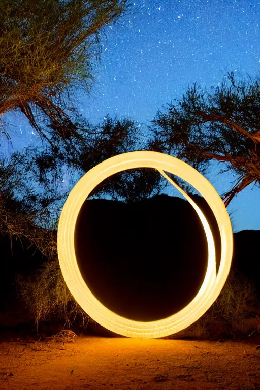 Prompt: a luminous circular stargate in the desert through which a jungle is visible