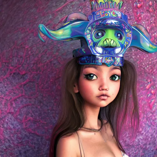 Prompt: kawaii puerto rican goddess chilling out at the skatepark wearing a bespoke headdress designed by emma yeo, inspired by cameron gray, wlop, stanley kubrick, masamune, hideki anno, jamie hewlett, unique perspective, trending on artstation, 3 d render, vivid