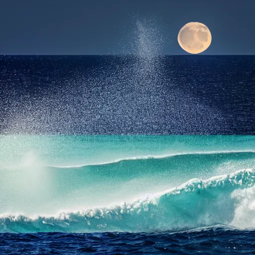 Prompt: Photo of a Bermuda triangle jumping out of the pristine waters, moon is in the background, Sigma 85mm f/8, starry night, 8k