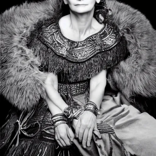 Prompt: Juliette Binoche wearing Mongolian armor, portrait, fashion photography, by Hedi Slimane