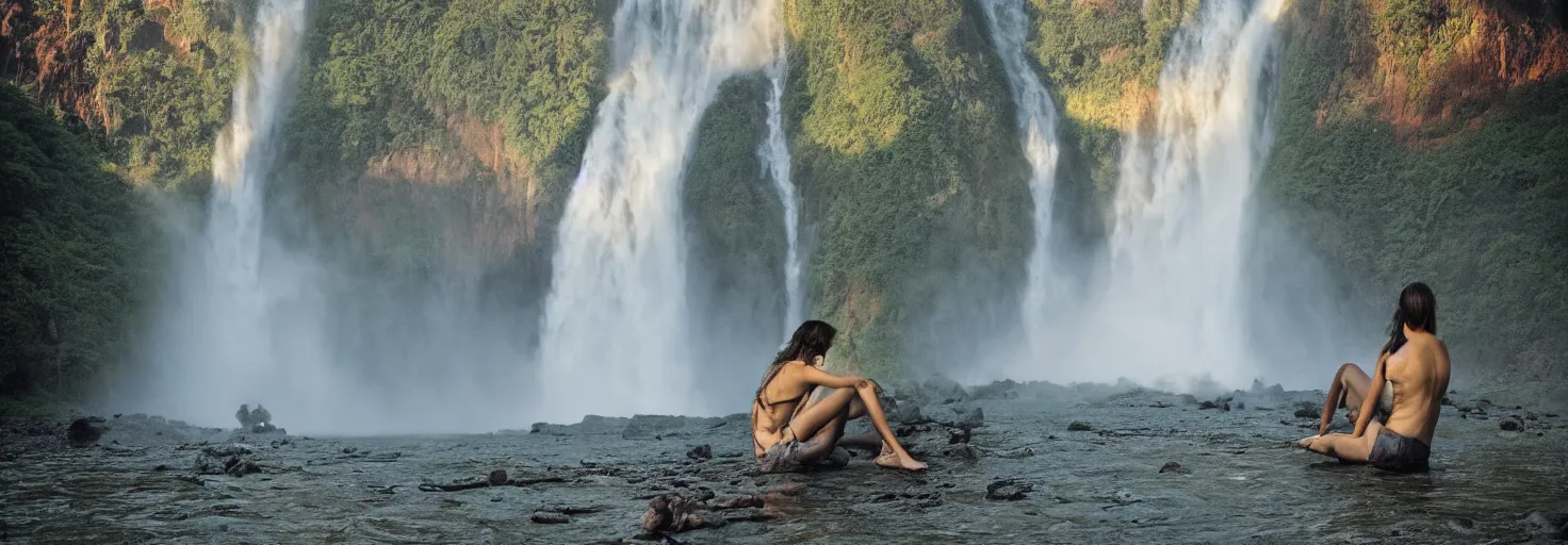 Image similar to dang ngo, annie leibovitz, steve mccurry, a simply breathtaking shot of mediating mon, giant waterfall, golden hour, golden ratio, wide shot, symmetrical