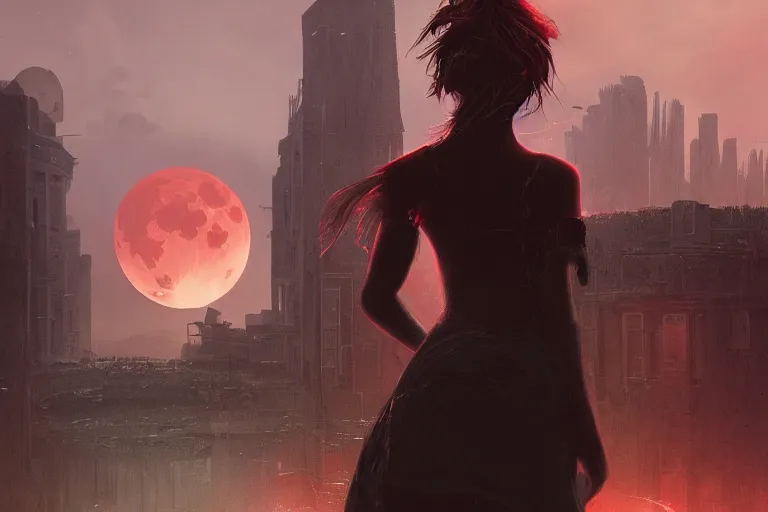 Image similar to a beautiful illustration of a lonely girl against the background of a ruined city and a red moon, artstation, by Frederik Heyman, sophisticated, Unreal engine, dystopia, anti-utopia, post processing, nostalgic melancholic artwork