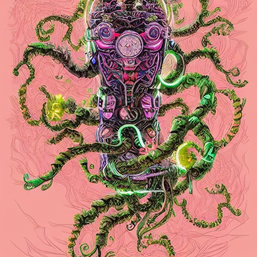 Image similar to creature sushi roots cactus elemental flush of force nature micro world fluo light deepdream a wild amazing steampunk baroque ancient alien creature, intricate detail, colorful digital painting that looks like it is from borderlands and by feng zhu and loish and laurie greasley, victo ngai, andreas rocha, john harris