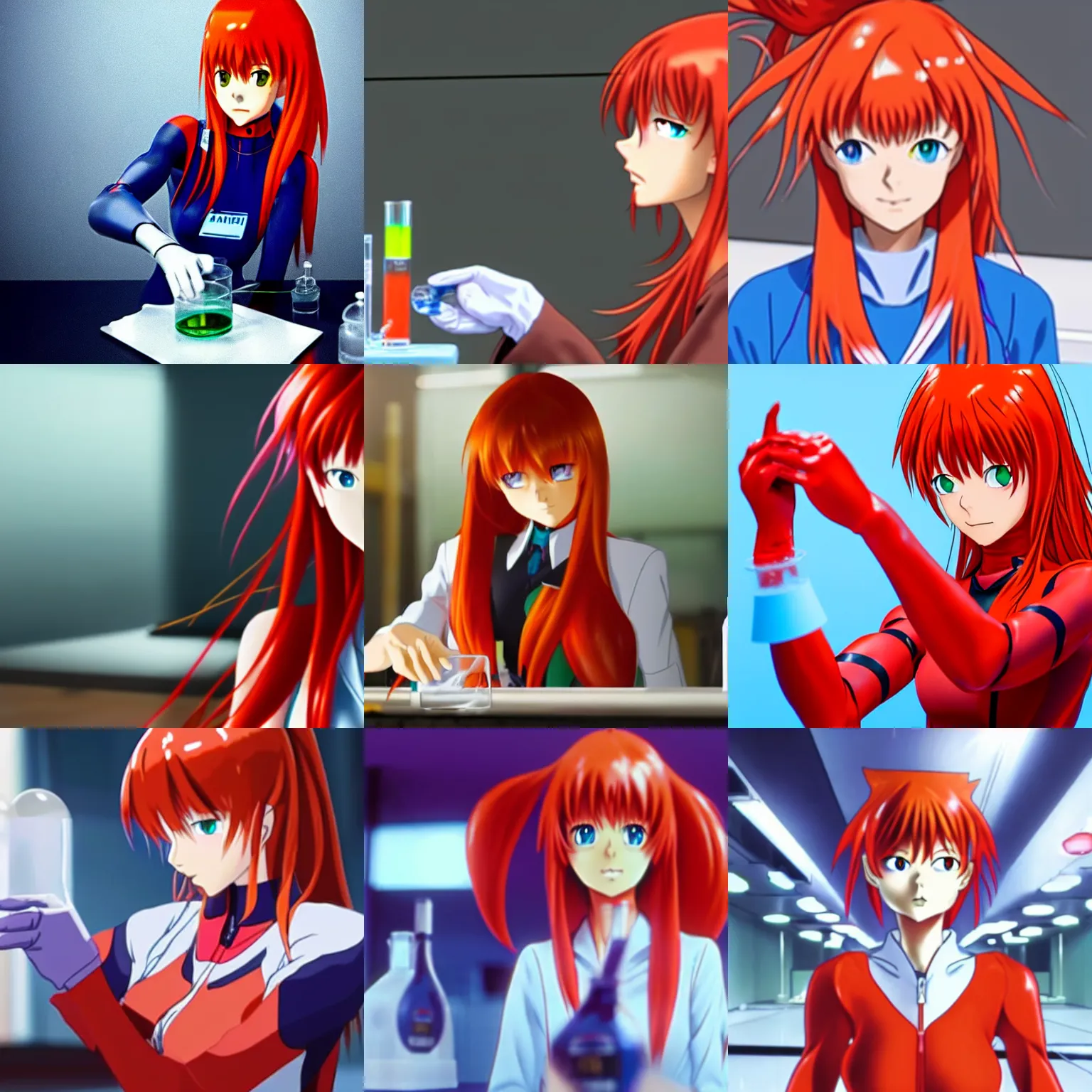 Prompt: asuka langley soryu from evangelion doing chemical experiment. realistic photo, 4 k