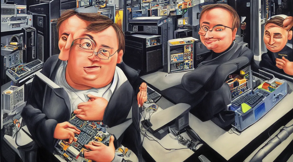 Image similar to Wallpaper of Linus Torvalds in a datacenter painted by fernando botero