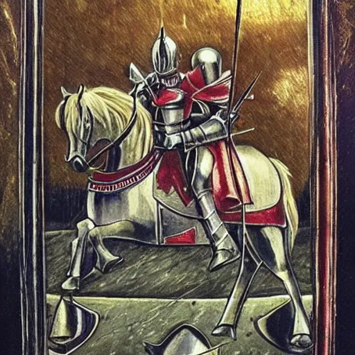 Image similar to knight in dazzling, shining armor, with many reflections on it from all directions