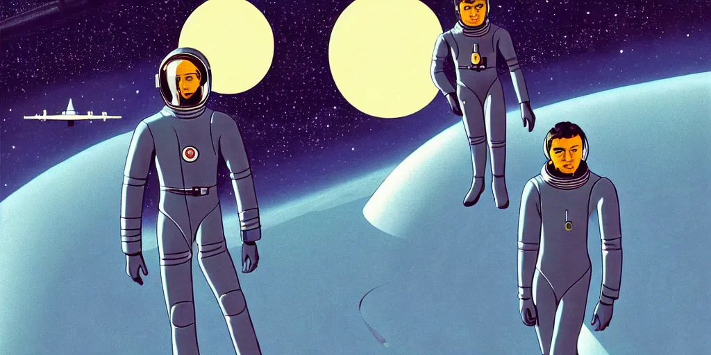 Prompt: a portrait of lonely single Alain Delon alone pilot in spacesuit posing in symmetrical spaceship station planet captain bridge outer worlds extraterrestrial hyper contrast well drawn in FANTASTIC PLANET La planète sauvage animation by René Laloux