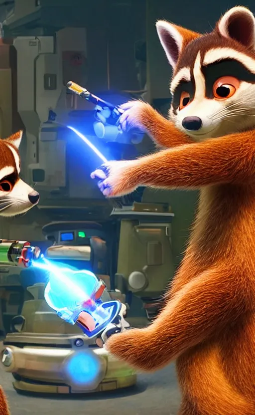 Image similar to “red racoon holding laser gun facing off with blue racoon holding laser gun, cinematic, dramatic in the style of zootopia”