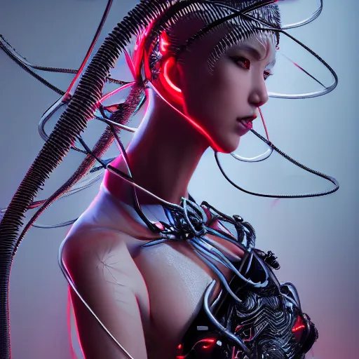 Image similar to the portrait of an absurdly beautiful, graceful, sophisticated, fashionable cyberpunk gynoid gravure idol, an ultrafine hyperdetailed illustration by kim jung gi, irakli nadar, intricate linework, neon wiring, porcelain skin, unreal engine 5 highly rendered, global illumination, radiant light, detailed and intricate environment