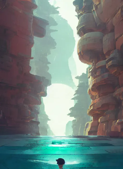 Image similar to canyon with giant gate, nuclear powered, detailed, futuristic, cory loftis, james gilleard, atey ghailan, makoto shinkai, goro fujita, studio ghibli, rim light, exquisite lighting, clear focus, very coherent, plain background