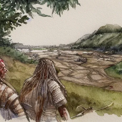 Image similar to watercolor concept sketch of a neolithic tribe living near a riverbank in neolithic england