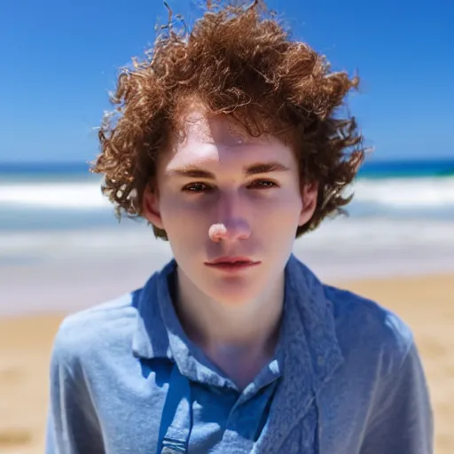 Image similar to beautiful teenage boy with pale skin amd natural hair is looking for something in the sand on the beach. Blue sky. Detailed face. Photo 8K.