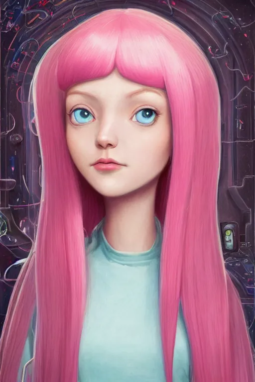 Prompt: highly detailed, profile portrait of adult princess bubblegum from adventure time, confidently experimenting in her science lab, wearing lab coat, long bubblegum hair, long straight bangs, beautiful, attractive, illustration concept art by nicoletta ceccoli, mark ryden, lostfish, detailed and intricate environment, 8 k resolution, hyperrealistic, 3 d, octane render